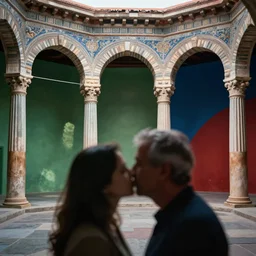 out of focus, head to shoulders kiss, photography by saul leiter and ernst haas in a decorated pompeii peristylium, tea green, airforce blue, red