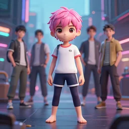 a beautiful portrait of a cute anime boy with pink hairs wearing sport clothing and leggings under shorts standing barefoot in cyberpunk city. character design by cory loftis, fenghua zhong, ryohei hase, ismail inceoglu and ruan jia. artstation, volumetric light, detailed, photorealistic, fantasy, rendered in octane