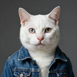 full head photo portrait of a cute wrinkle white egyptian cat made of jeans jacket, medium shot, super realistic, crisp details, sharp, detailed, intricate, volumetric lights, cinematic, shit with hasselblad, octane render