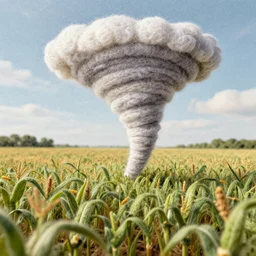 a needle felting of a tornado coming towards a corn field