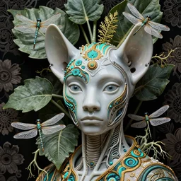 cinema 4d colorful render, organic, dark scene, ultra detailed, of a porcelain hairless man's face. biomechanical, analog, macro lens, hard light, big leaves and large Dragonflies, stems, roots, fine foliage lace, turquoise gold details, high fashion haute couture, art nouveau fashion embroidered,  intricate details, mesh wire, mandelbrot fractal, anatomical, facial muscles, cable wires, elegant, hyper realistic, in front of dark flower pattern wallpaper, ultra detailed