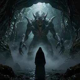 cthulhu!, in a dim flooded cave, a cloaked figure's silhouette in foreground, low hanging fog, by hp lovecraft, by greg rutkowski, by andree wallin, by zdzislaw beksinski, thalassophobia, very detailed, octane render, cinematic lighting, volumetric lighting, 8 5 mm