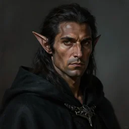 Portrait of an elf in a black cloak with dark hair, dark skin, male, detailed face, fantasy, highly detailed, cinematic lighting, digital art painting by greg rutkowski