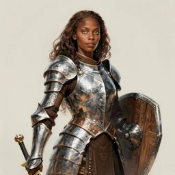 arabella mistsplitter, solo female darkskinned angelic soldier in her fifties, long brown hair, clear green eyes, african, ethiopian, short height, regular build, magnificent oval face, polished steel armor, shortsword, wooden shield a female dnd fighter's portrait, masterpiece, clear eyed, realistic, composition by sana takeda, illustrated by brian patterson and rhads