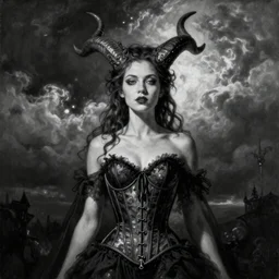 By Tom Bagshaw, ultra realist soft painting of curiosities carnival by night, very beautiful horn female gothic corset, partial symmetry features, very intricate details, omnious sky, black and white, volumetric light clouds