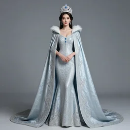 full length portrait photograph of a real-life beautifulice queen with intricate cloak and crown,  Extremely detailed. 8k