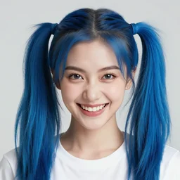 an amazing girl with a crazy smile and two blue pigtails looks at you piercingly.