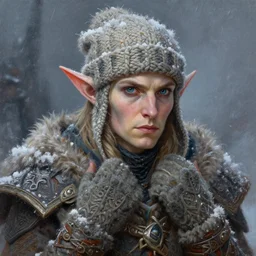 portrait of a high - elf in a winter storm, wearing a warm knitted hat and mittens, dnd character art, world of warcraft, wow, fantasy concept art, highly detailed, intricate, oil painting by greg rutkowski