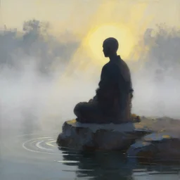 a lonely silhouette of a meditating monk sitting in the fog on a stone protruding from the water in the rays of the morning sun, the focus of the camera on the monk, painted with large strokes of oil paints.