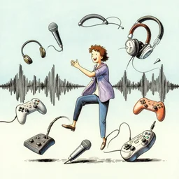 Happy people, speakers, microphones, headphones, sound waves, gamepads and joysticks floating in the air around them, in the style of moebius