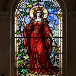 a stunningly detailed stained glass window of a beautiful poison ivy with white skin wearing a long floor length red dress as a medieval queen, dark eyeliner, intricate, elegant, highly detailed, digital painting, artstation, concept art, sharp focus, illustration, art by greg rutkowski and alphonse mucha