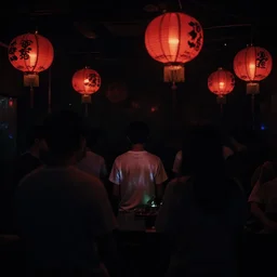 a tiny dark black night club with a few red chinese lanterns, people's silhouettes close up, wearing white t - shirts that glow in the dark, surrealism - n 9