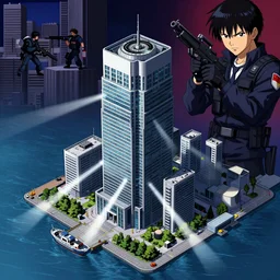 Concept Art Illustration of neo-Tokyo Bank Headquarters Map,  Bank Robbery, Anime,  Highly Detailed, Special Forces Security, Searchlights, Boat Dock, For Stealth fps bank robbery simulator, Water, Akira Color Palette, Inspired by MGS2 + SAC2 + FLCL, 8k :4 by Vincent Di Fate + Arc System works + Katsuhiro Otomo : 8