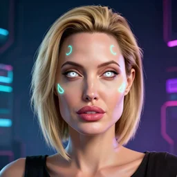 Angelina Jolie, neon face tattoo, cyberpunk background, straight hairstyle, white eyes, blonde hair, realistic render, short hair, unreal engine render, Icaro Carvalho