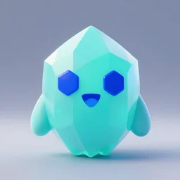 3D render of a cute, simplistic cyan crystal character with two blue hexagon eyes and a blue triangle mouth
