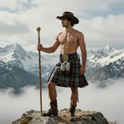 a portrait by greg rutkowski and albert bierstadt of a handsome buff beautiful shirtless desi mountaineer on a mountain peak | he is wearing a short tartan kilt, cowboy hat, and leather boots, and holding a staff | background is snowy mountains and clouds | homoerotic, detailed face, dramatic, ethereal, dreamlike | trending on artstation