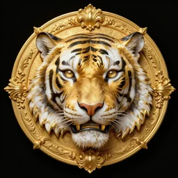 beautiful portrait of a large ornate and intricate rococo carved marble and gold tiger face, 3 d, photorealistic, symmetric, front facing, centered, hyper detailed, gold plated on black background, wallpaper, detailed and intricate emblem, baroque medallion,
