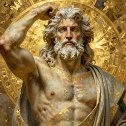 painted portrait of ruggedly handsome zeus greek god by alphonse mucha gaston bussiere [ long white hair ] focused on face, muscular physique masculine manly mature, robe fantasy intricate elegant detailed digital painting concept art artstation sharp focus illustration gold paint