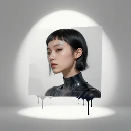 contemporary collage of a neocyber girl, detailed, spotlight, minimal, paint drips, mixed media, paint splatter, vibrant colors, futuristic clothing, rule of thirds, by john baldessari, max ernst, david maljkovic