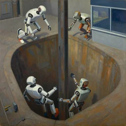 robots falling down a deep shaft, grant wood, pj crook, edward hopper, oil on canvas