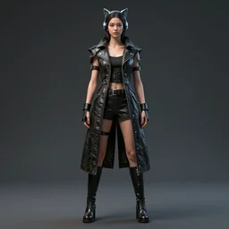 haute couture, clothing setting for future female warrior, model standing pose, futurism, vest, leather coat, shorts, boots, electronic cat ears, cyberpunk style, render by octane and blender, hyper realistic, hyper detailed