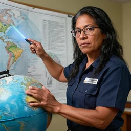 epic portrait of slightly muscular indigenous visionary sheila watt - cloutier wearing short sleeved instructor uniform pointing laser pointer on globe, blueprint, glasses, detailed, artstation, concept art, donato giancola, joseph christian leyendecker, wlop, boris vallejo, breathtaking, 8 k resolution, extremely detailed beautiful, establishing shot, artistic hyperrealistic, beautiful face, enhanced hands, octane render