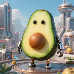 an avocado robot in a future city, highly detailed, fantasy art