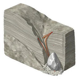 3 d diagram illustrating cross - cutting relations in geology. these relations can be used to give structures a relative age. example between folded rock strata cut by a thrust fault and a large intrusion