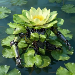 amphibious waterlily mobile suit combat mecha textured like water lettuce whose head and top half is shaped like nymphaea flower, cinematic lighting, petals being robotic limbs, waterlily pads, biomechanical, hyperdetailed, bandai box art, 8 k hd resolution, behance hd artstation. # power armor # pistia # waterlily # nymphaea