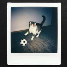 still of a cat playing football, polaroid, 1 9 9 9, cold filter
