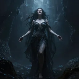 stunning otherworldly goddess of beauty rising from the void, dark and mysterious, stopped in time, atmospheric,