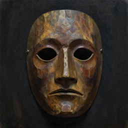 dark oil painting of an old creepy mask made of wood