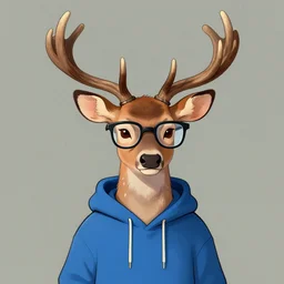 anthropomorphic shy and nerdy deer with exquisite antlers and wearing thick glasses and a blue hoodie. Renowned character illustration by greg rutkowski, thomas kindkade, alphonse mucha, loish, norman rockwell.