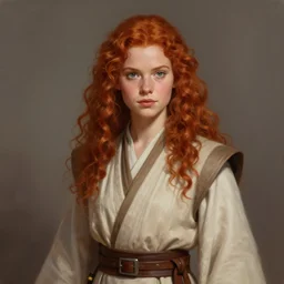 portrait of a woman by greg rutkowski, jedi princess knight, curly redhead, jedi robes, star wars expanded universe, she is about 2 0 years old, elegant, graceful, wearing jedi robes, highly detailed portrait, digital painting, artstation, concept art, smooth, sharp foccus ilustration, artstation hq