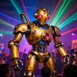 scene is elrow party in amnesia in ibiza, portrait photo of a giant huge golden and blue metal steampunk robot, with gears and tubes, eyes are glowing red lightbulbs, audience selfie, shiny crisp finish, 3 d render, 8 k, insaneley detailed, fluorescent colors, haluzinogetic, background is multicolored lasershow