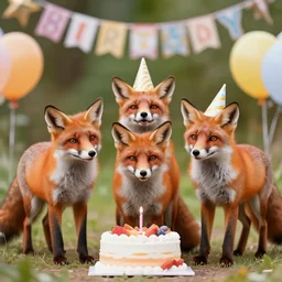 three fox having a cool birthday party, photo, highly detailed