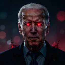joe biden with red glowing eyes, dark, splash art, movie still, cinematic lighting, ray tracing, octane render, long lens, shallow depth of field, bokeh, anamorphic lens flare, 8 k, hyper detailed, 3 5 mm film grain