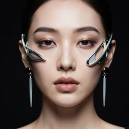 hyper detailed head shot portrait flash photograph of a woman wearing futuristic abstract facial jewellery. black background.
