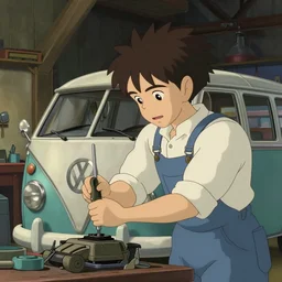 a wholesome animation key shot of a focused auto mechanic repairing  an old vw van in a workshop garage, medium shot, waist up, studio Ghibli and Disney animation, sharp, Rendered in Unreal Engine 5, anime key art by Greg Rutkowski, Bloom, dramatic lighting