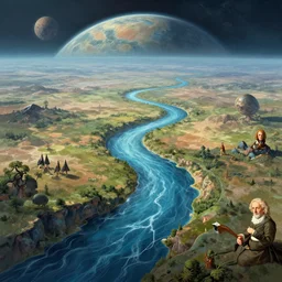 digital illustration of the river tethys flowing through an alien landscape, art by Benoit B. Mandelbrot, Steven Belledin, Martin Johnson Heade, Lee Madgwick, and Caspar David Friedrich, a beautifully terraformed alien planet, wide angle, panoramic, fantasy, 8k resolution, deviantart, trending on Artstation, concept art, digital illustration, HDR, Octane, National Geographic Photo