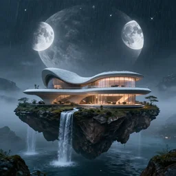 a futuristic modern house, on a floating rock island, alien planet covered in water, multiple waterfalls, multiple moons glowing, stars, frank gehry, rule of thirds, hyperdetailed, ultra realism, 8k, unreal engine, megascans, volumetric lighting, dark, misty rain, dreamscape