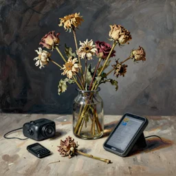 modern still life painting with dead flowers and electronics drawn by james jean