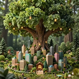 a miniature city built into the trunk of a single colossal tree in the forest, with tiny people, in the style of justin gerard, lit windows, close - up, low angle, wide angle, awe - inspiring, highly detailed digital art