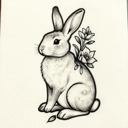 well - detailed tattoo stencil of a full body rabbit, bold strong lines floral motif