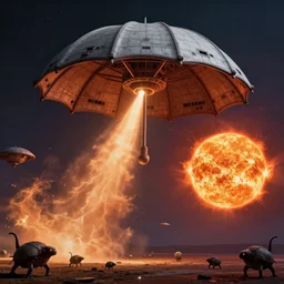 giant spaceship shaped like an umbrella that is sucking a solar flare out of the sun to fuel the traveling world that is teeming with life in the style of andy warhol