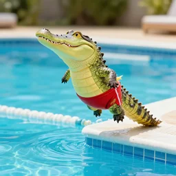 anthropomorphic crocodile wearing a red swimming pants is jumping in a swimming pool