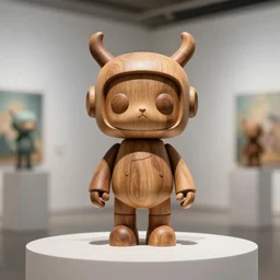 3 d, octane render, ultra, 8 k, photorealistic, a wooden sculpture, art toys, on a pedestal, a very cute mystical robot, concept art artwork masterpiece, in a contemporary art gallerie