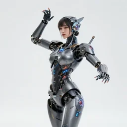 beautiful centered fine art photo portrait of graceful girl with solarpunk mecha humanoid parts with led lights, serpentine pose gesture, ultra - realistic, white background, highly detailed and intricate, soft box lighting, shallow depth of field hdr 8 k