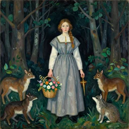 In the photograph Vasilisa can be seen standing in the forest, surrounded by animals. She is holding a basket of flowers in one hand and a spindle in the other. Her face is turned towards the viewer, with a gentle expression. In the background, the forest is depicted as a dark and mysterious place.  by Jean Dubuffet, by Kevin Sloan dynamic, geometric