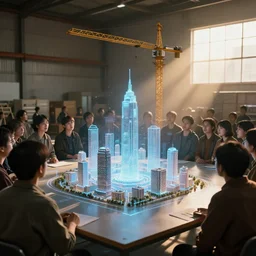 large group of people in simple warehouse, looking at hologram of futuristic city on a table, cinematic concept art, godrays, golden hour, natural sunlight, 4 k, clear details, tabletop model buildings, center model buildings, hologram center, crane shot, crane shot, crane shot